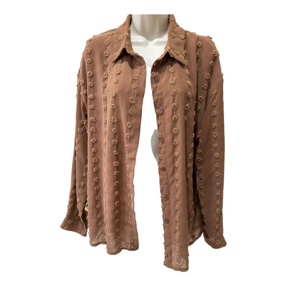 ⭐️ OVERSIZED CAMEL BROWN DRESSY/ CASUAL BUTTON DOWN POM POM SHIRT ⭐️